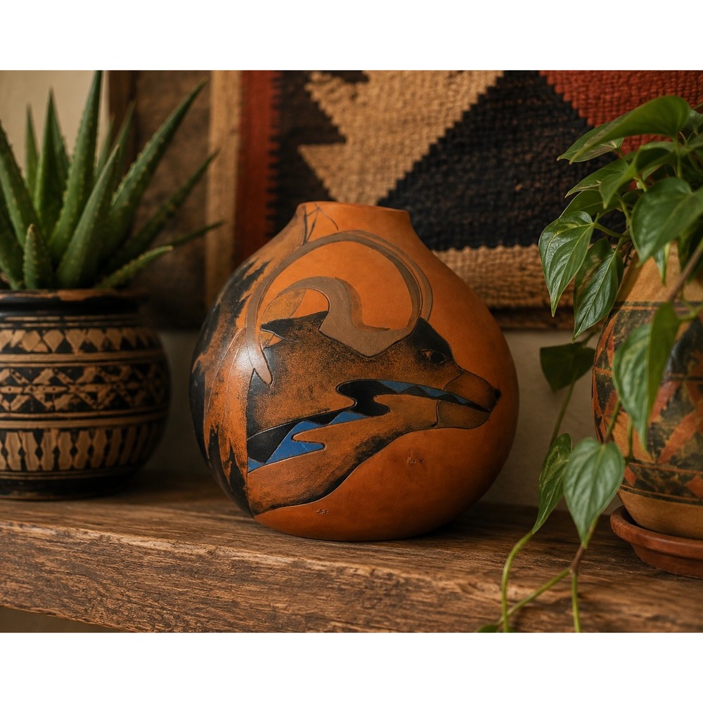 Gourd signed by Ridge Wolf 6in Brown Feather Southwestern Hand‎ Painted Folk Art